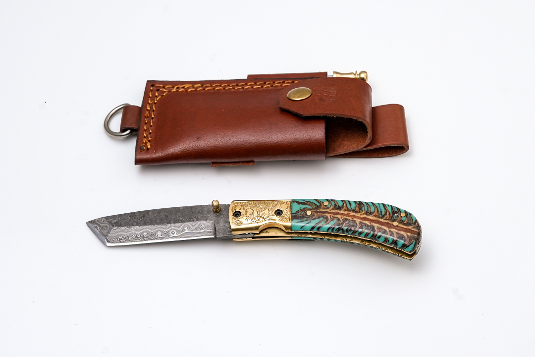 Hand-Forged Damascus Tanto Folder | Teal Pine Cone Handle with Engraved Brass Bolster & Fire Starter - TF-072