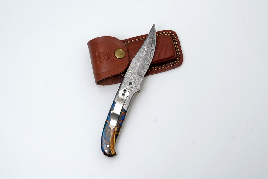 Hand-Forged Damascus Folding Pocket Knife | Blue Resin & Burl Wood Handle with Pocket Clip & Spine File Work -TF-073
