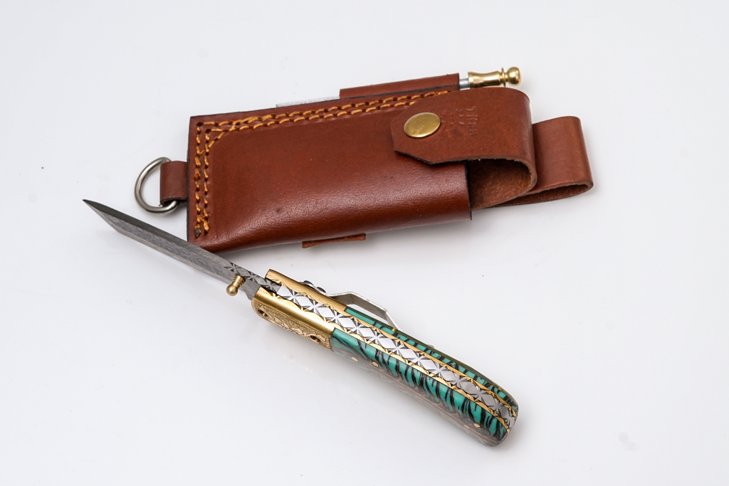 Hand-Forged Damascus Tanto Folder | Teal Pine Cone Handle with Engraved Brass Bolster & Fire Starter - TF-072