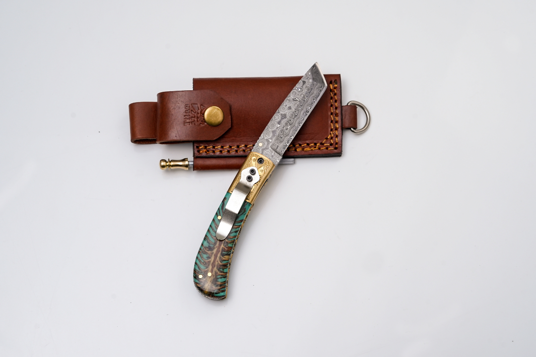 Hand-Forged Damascus Tanto Folder | Teal Pine Cone Handle with Engraved Brass Bolster & Fire Starter - TF-072