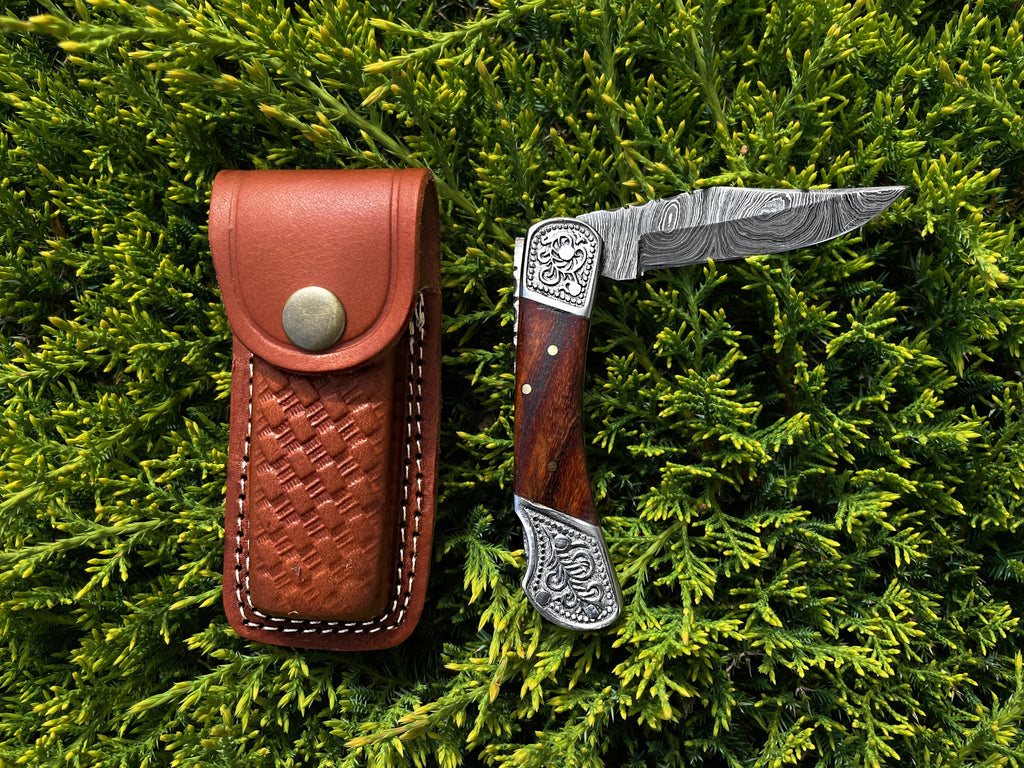 POCKET KNIFE WALNUT WOOD 6.5'' DAMASCUS STEEL KNIFE STEEL BOLSTER BACK LOCK FOLDING KNIFE TF-010